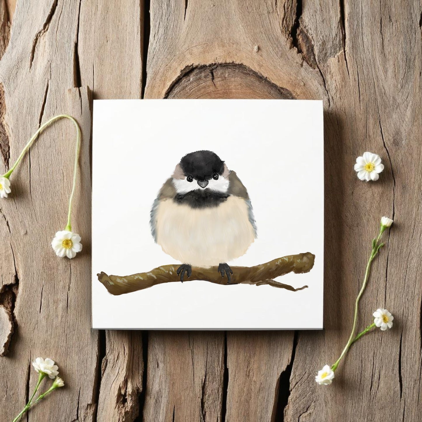 Black - Capped Chickadee Ceramic Tile - MerikaArt