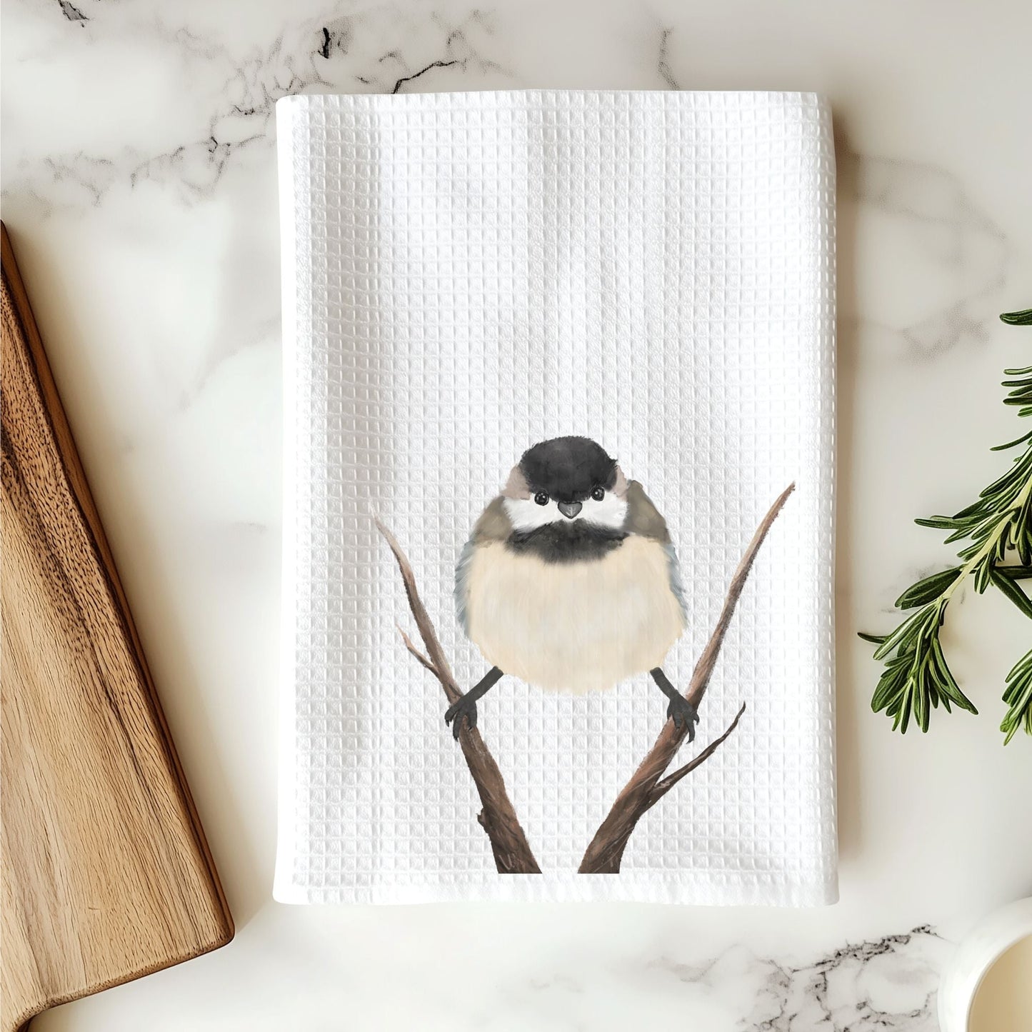 Black - Capped Chickadee Kitchen Towel - MerikaArt