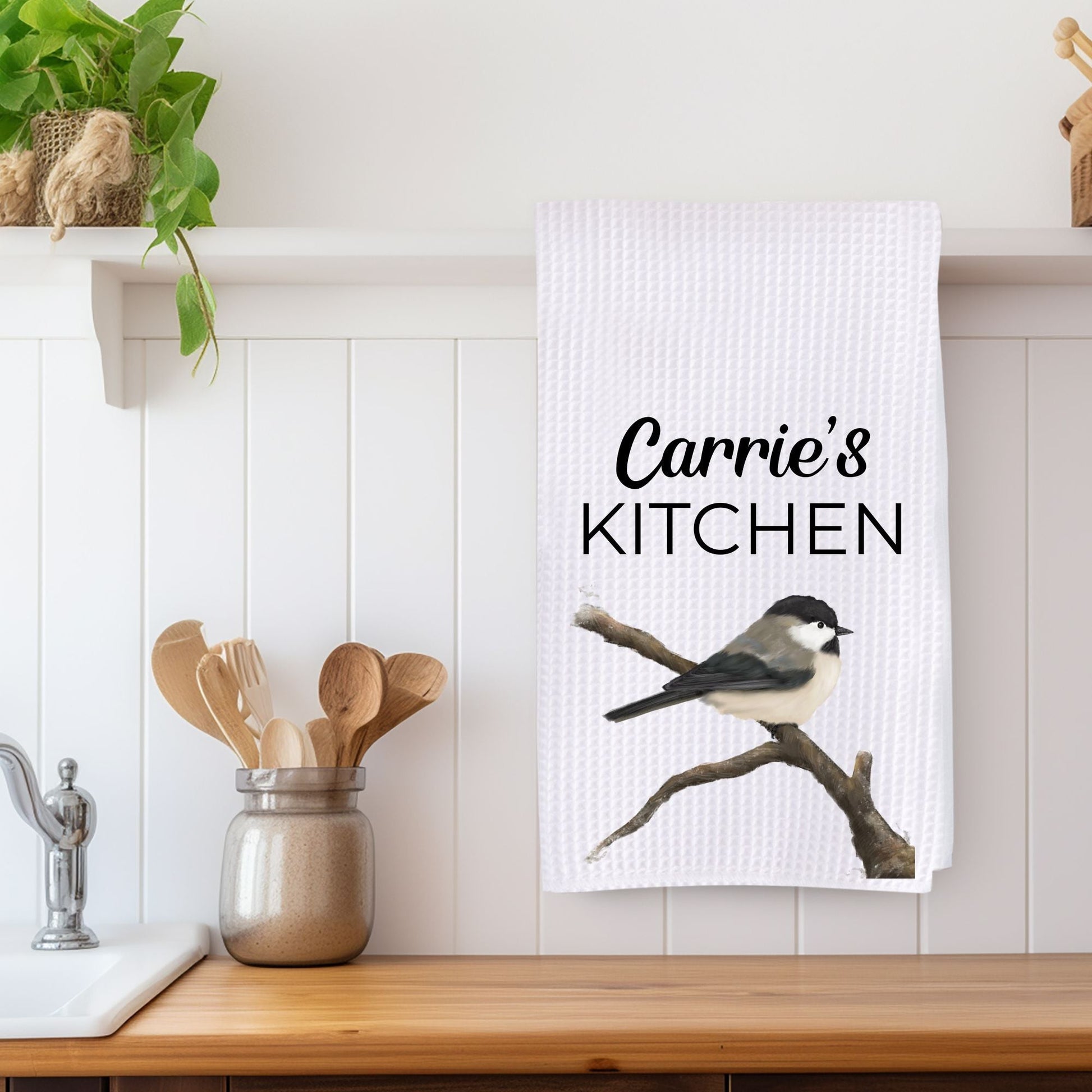 Black - Capped Chickadee Kitchen Towel - MerikaArt