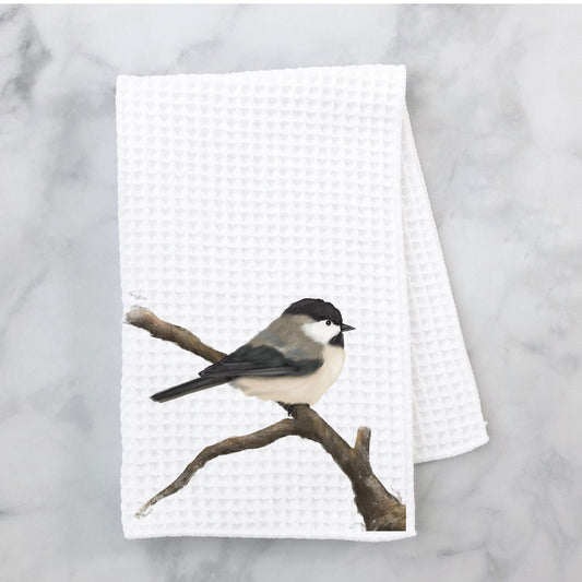 Black - Capped Chickadee Kitchen Towel - MerikaArt
