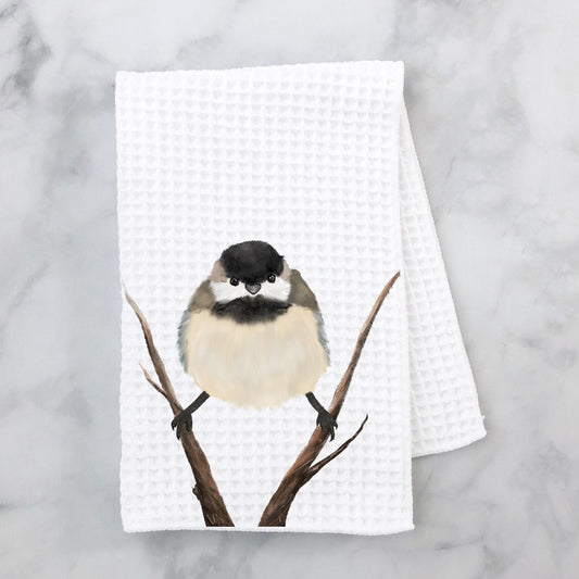 Black - Capped Chickadee Kitchen Towel - MerikaArt