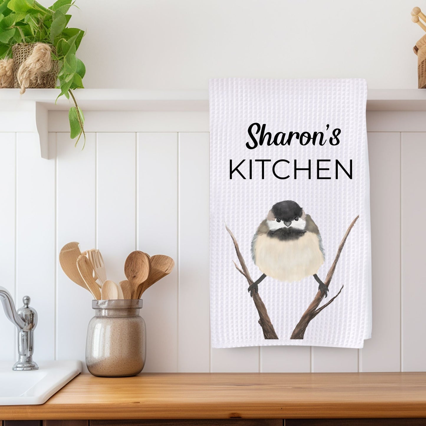 Black - Capped Chickadee Kitchen Towel - MerikaArt