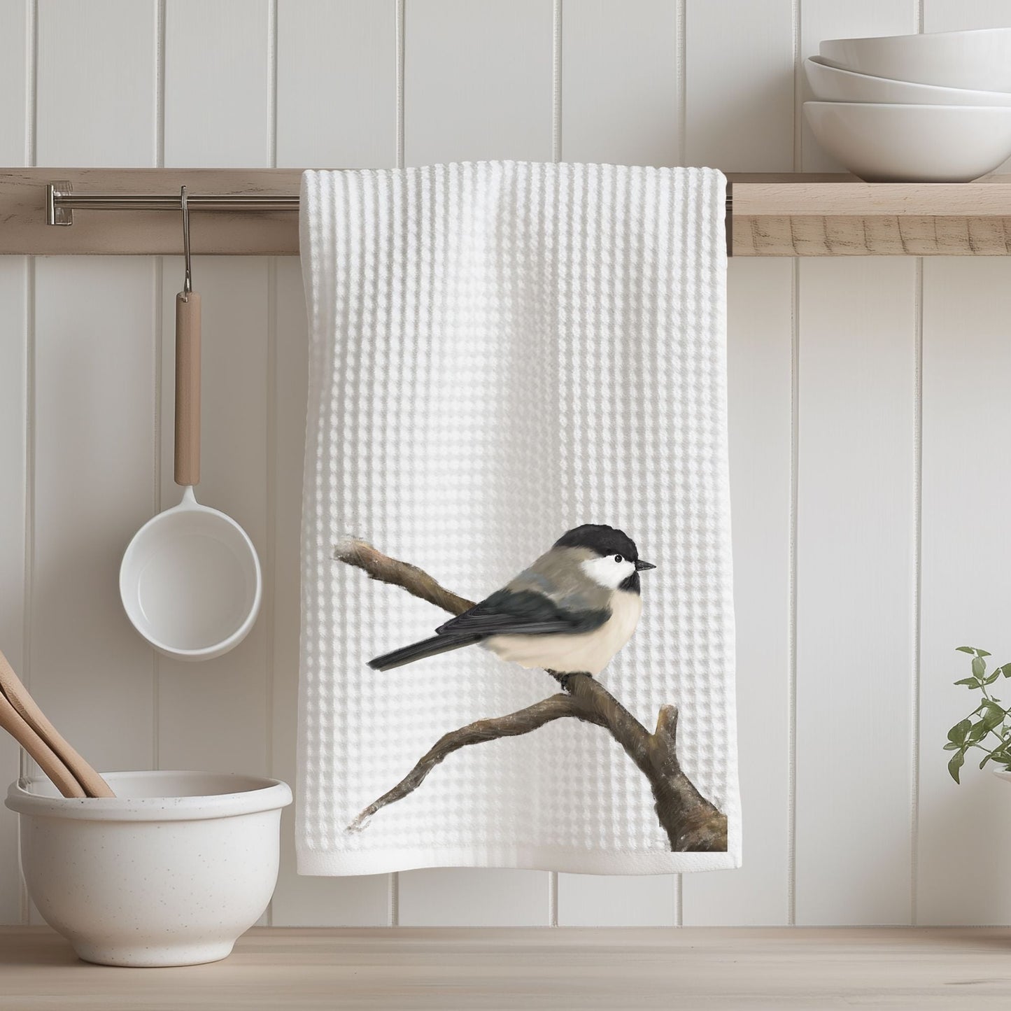 Black - Capped Chickadee Kitchen Towel - MerikaArt