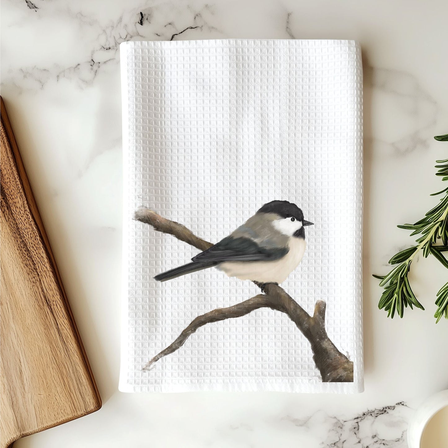 Black - Capped Chickadee Kitchen Towel - MerikaArt
