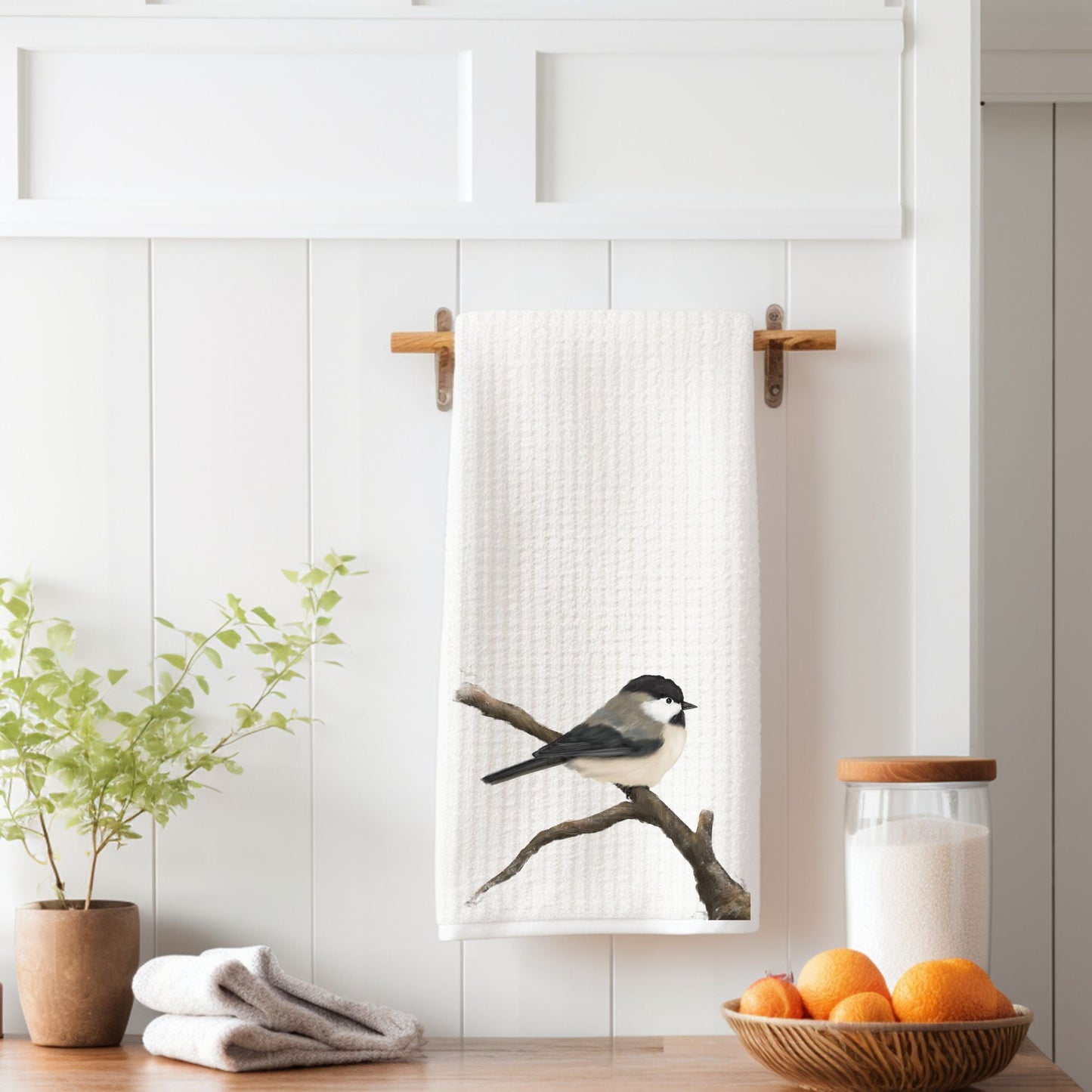 Black - Capped Chickadee Kitchen Towel - MerikaArt