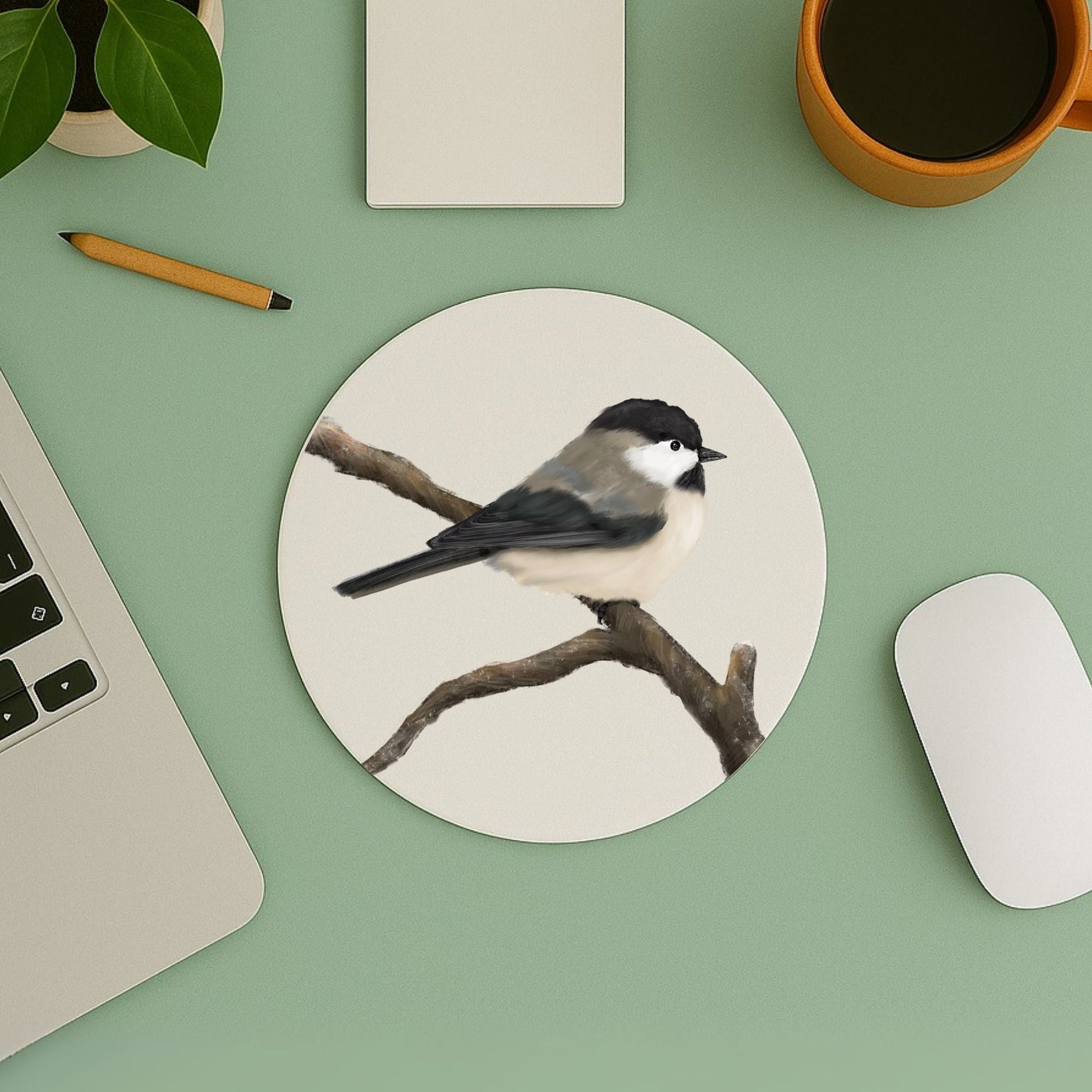 Black - Capped Chickadee Mousepad - MerikaArt