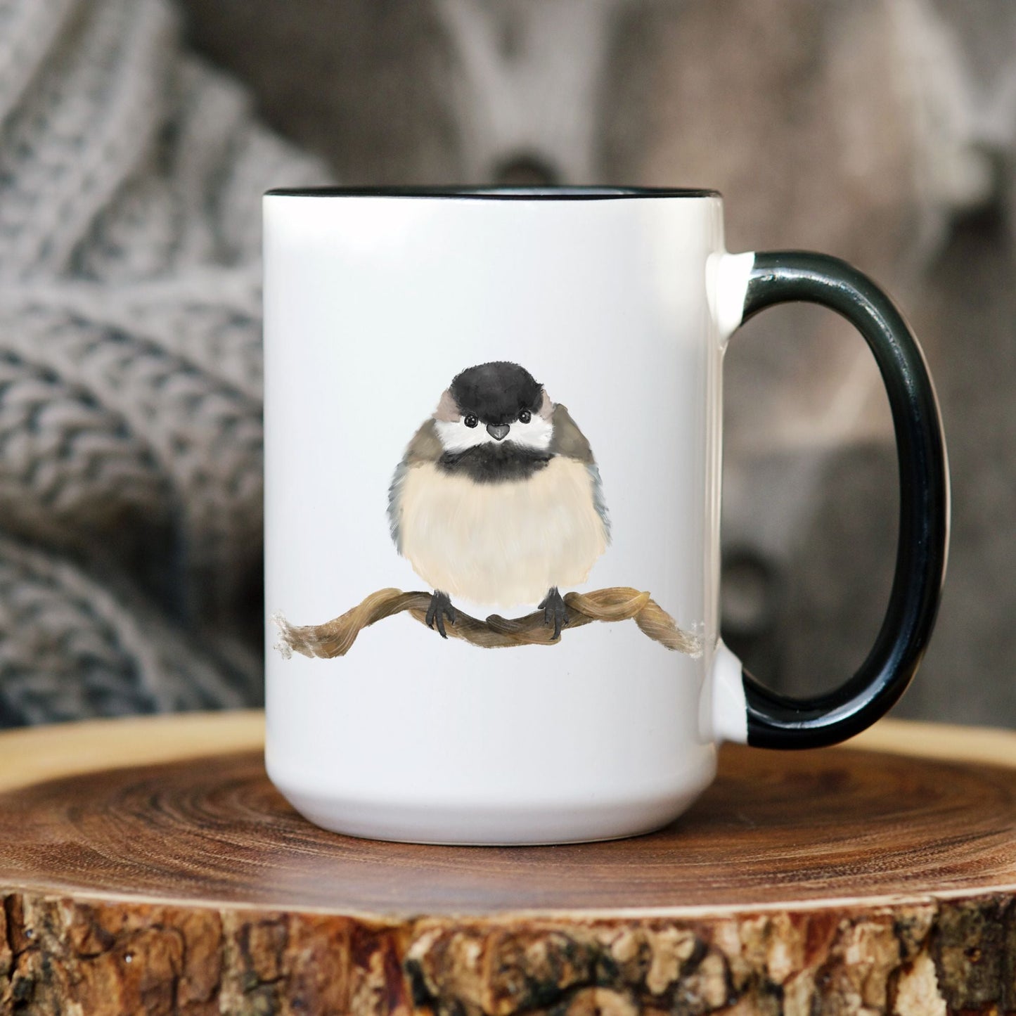 Black - Capped Chickadee Mug - MerikaArt
