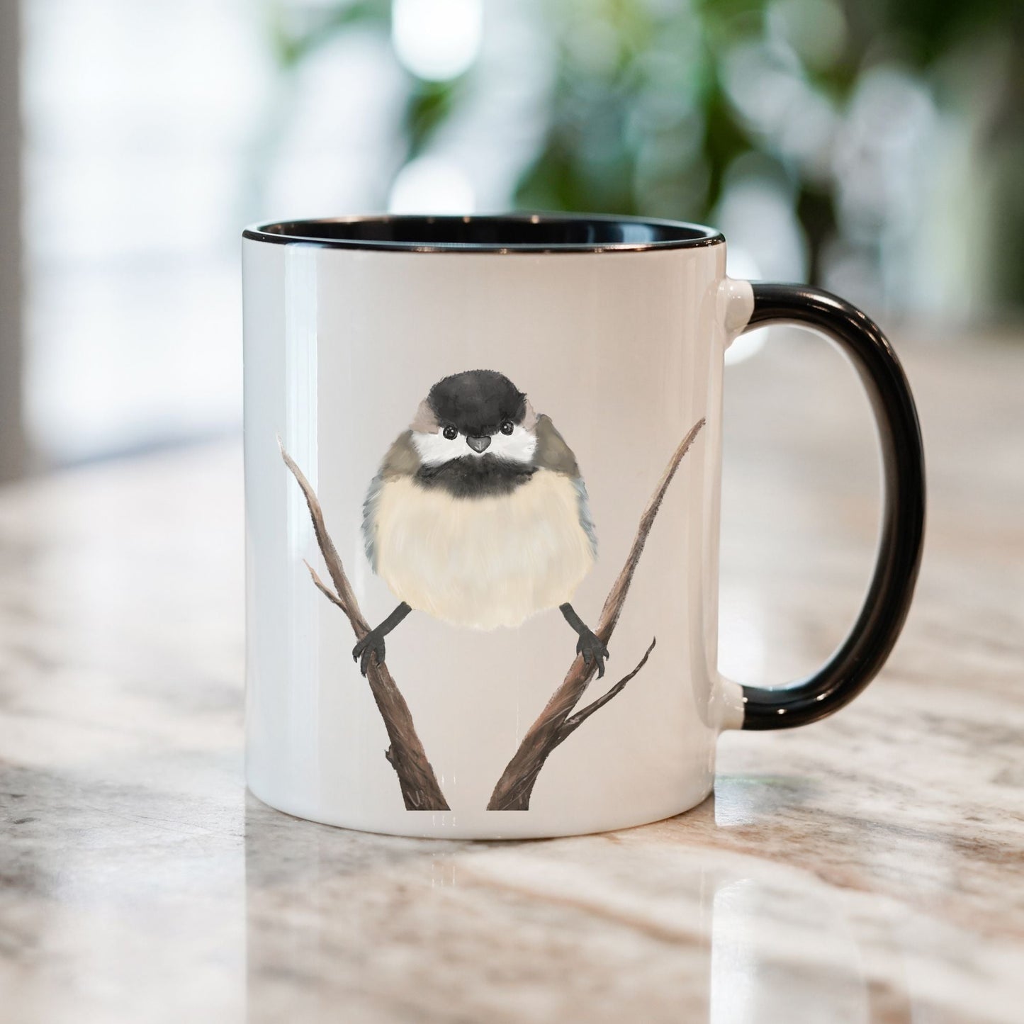 Black - Capped Chickadee Mug with Branch Illustration - MerikaArt