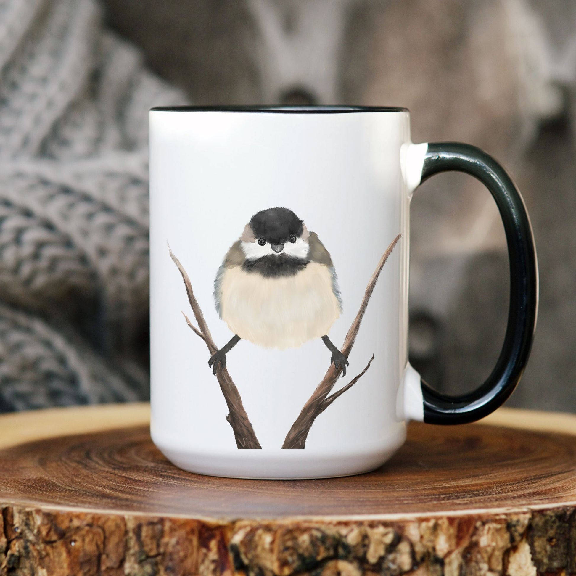 Black - Capped Chickadee Mug with Branch Illustration - MerikaArt