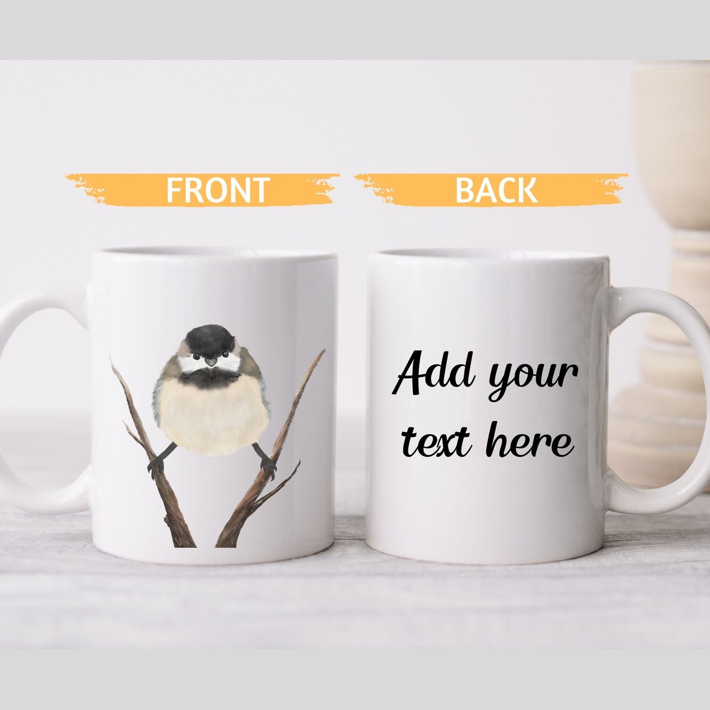 Black - Capped Chickadee Mug with Branch Illustration - MerikaArt