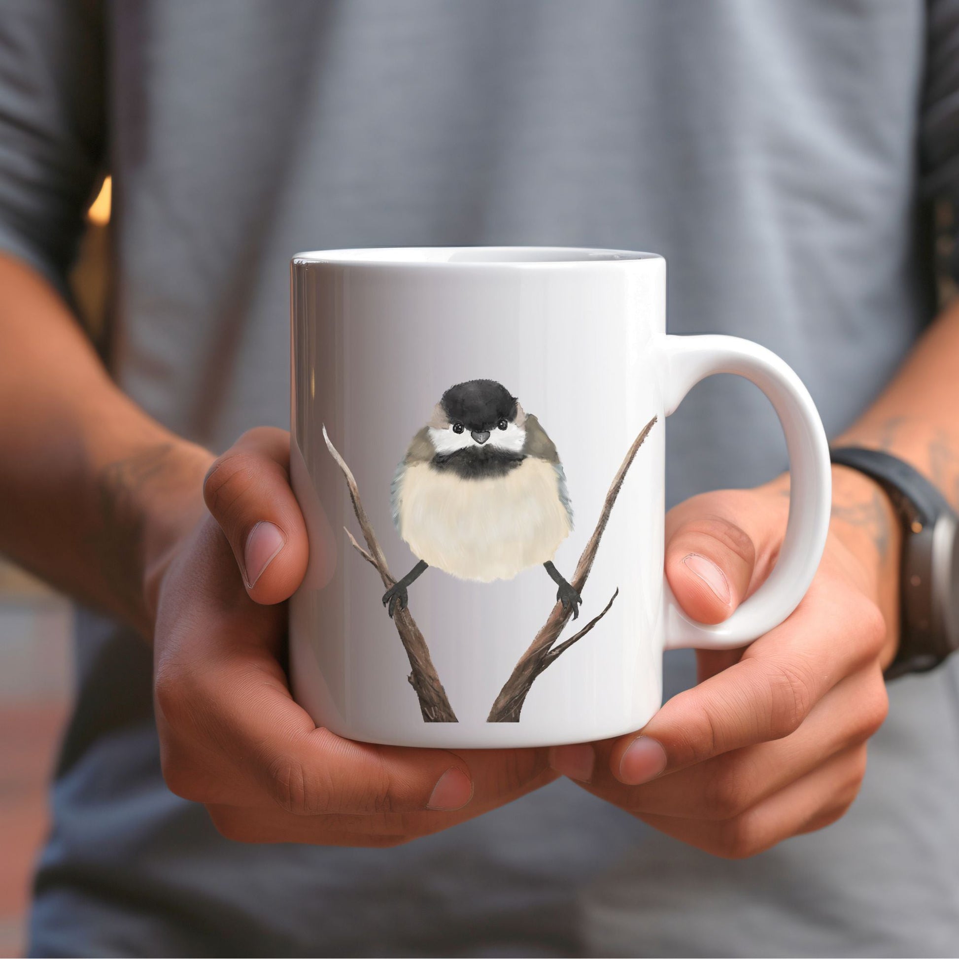 Black - Capped Chickadee Mug with Branch Illustration - MerikaArt