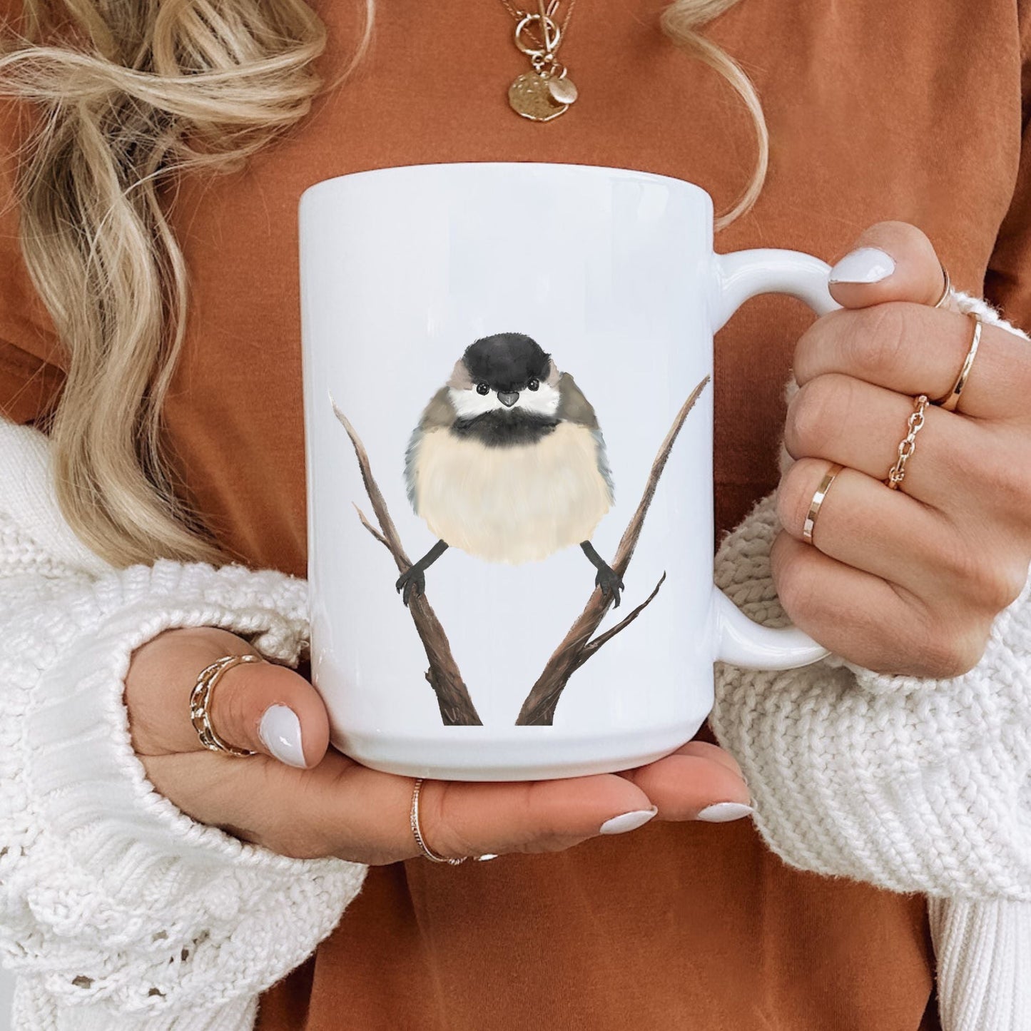 Black - Capped Chickadee Mug with Branch Illustration - MerikaArt