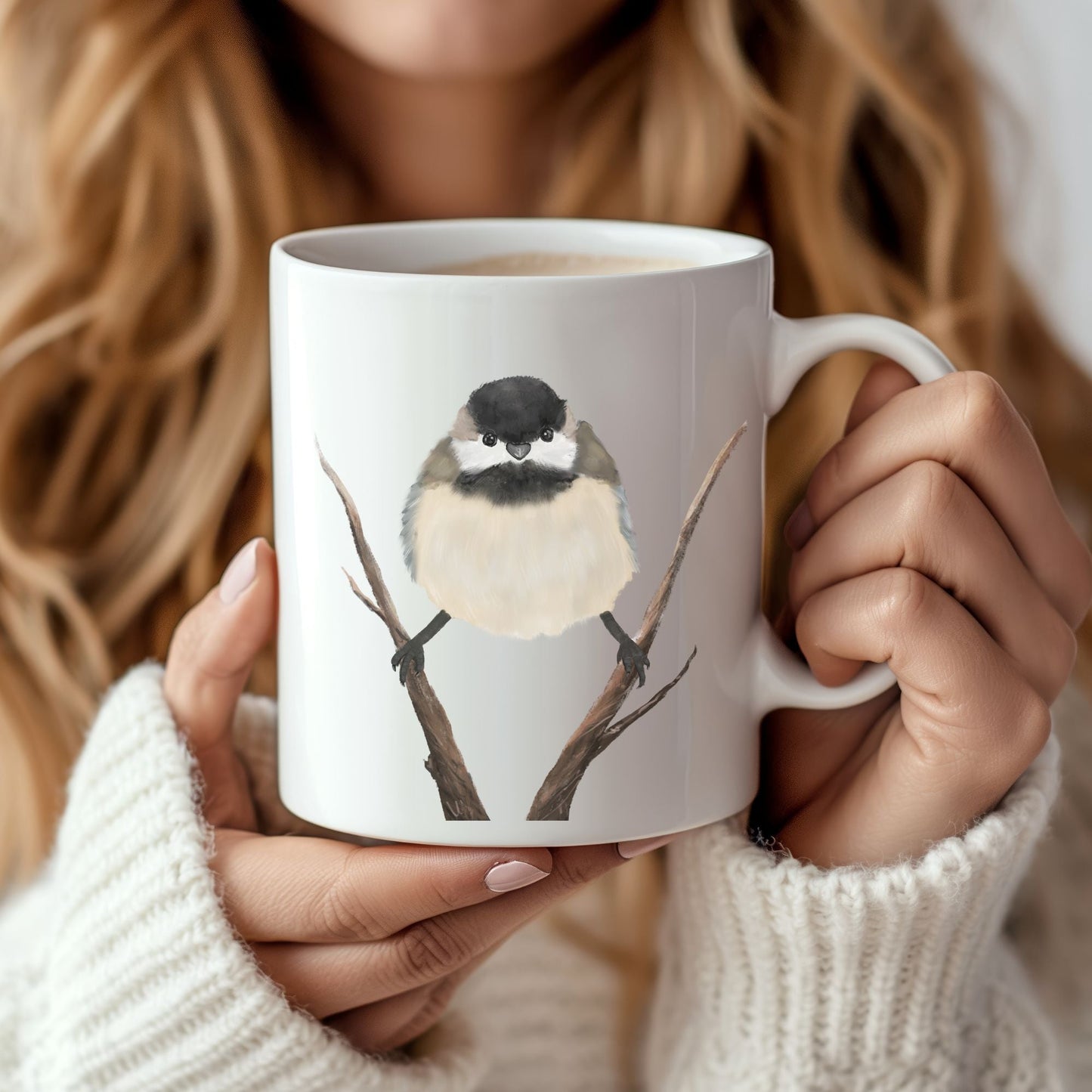 Black - Capped Chickadee Mug with Branch Illustration - MerikaArt