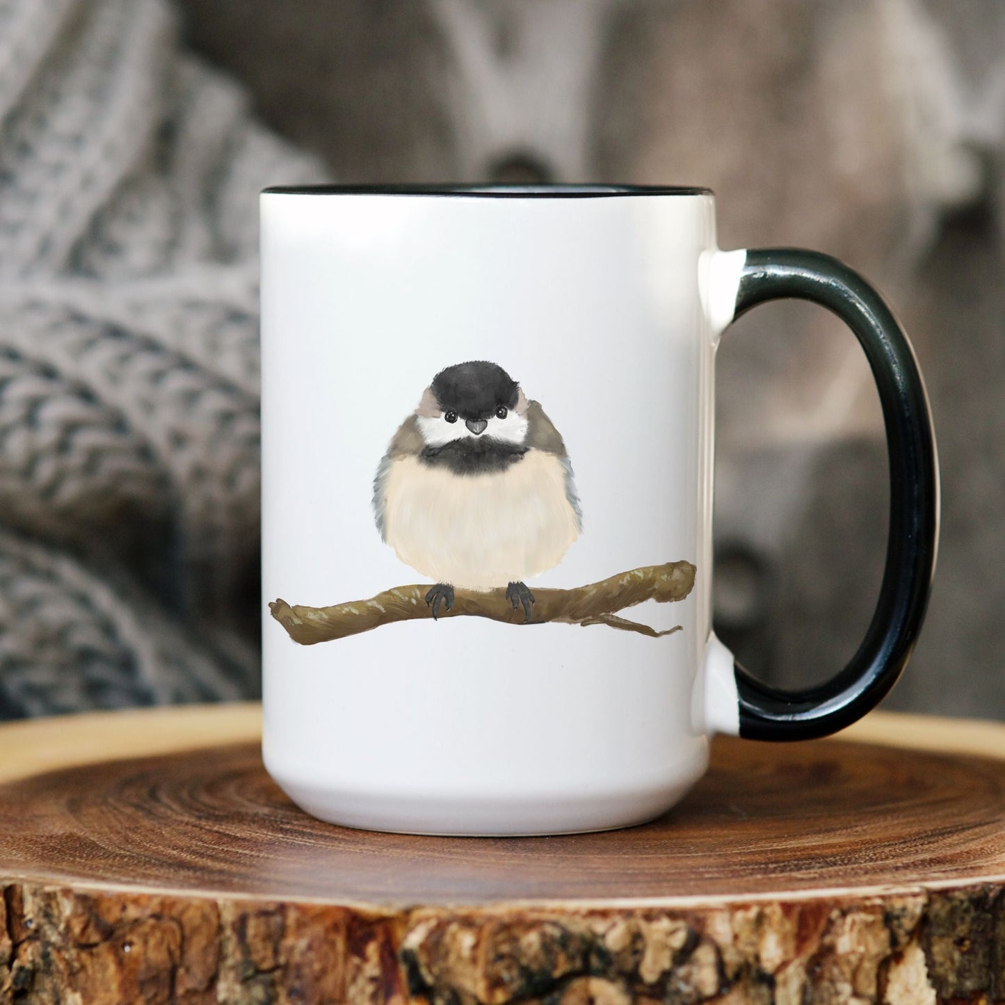 Black - Capped Chickadee Mug with Nature Illustration - MerikaArt