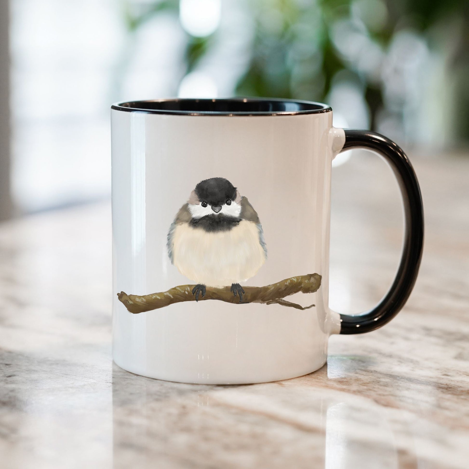 Black - Capped Chickadee Mug with Nature Illustration - MerikaArt