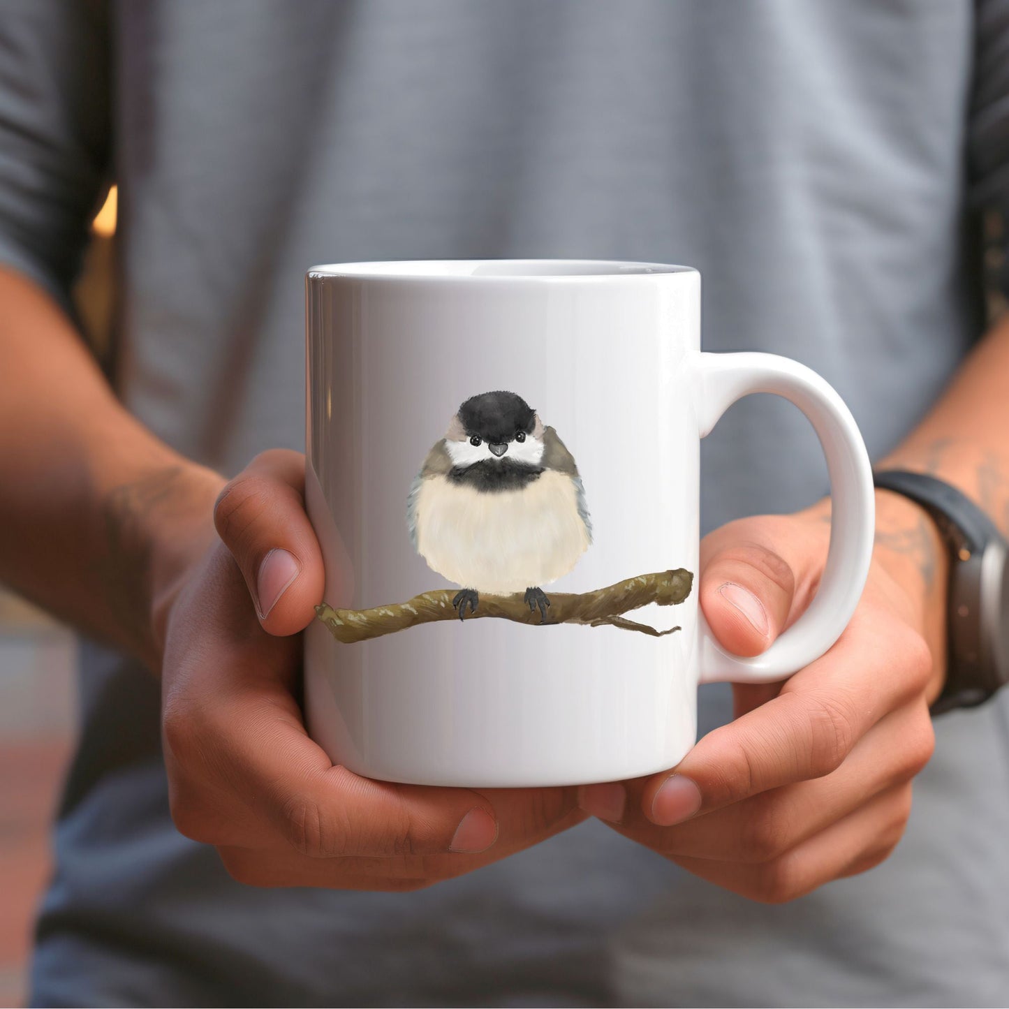 Black - Capped Chickadee Mug with Nature Illustration - MerikaArt