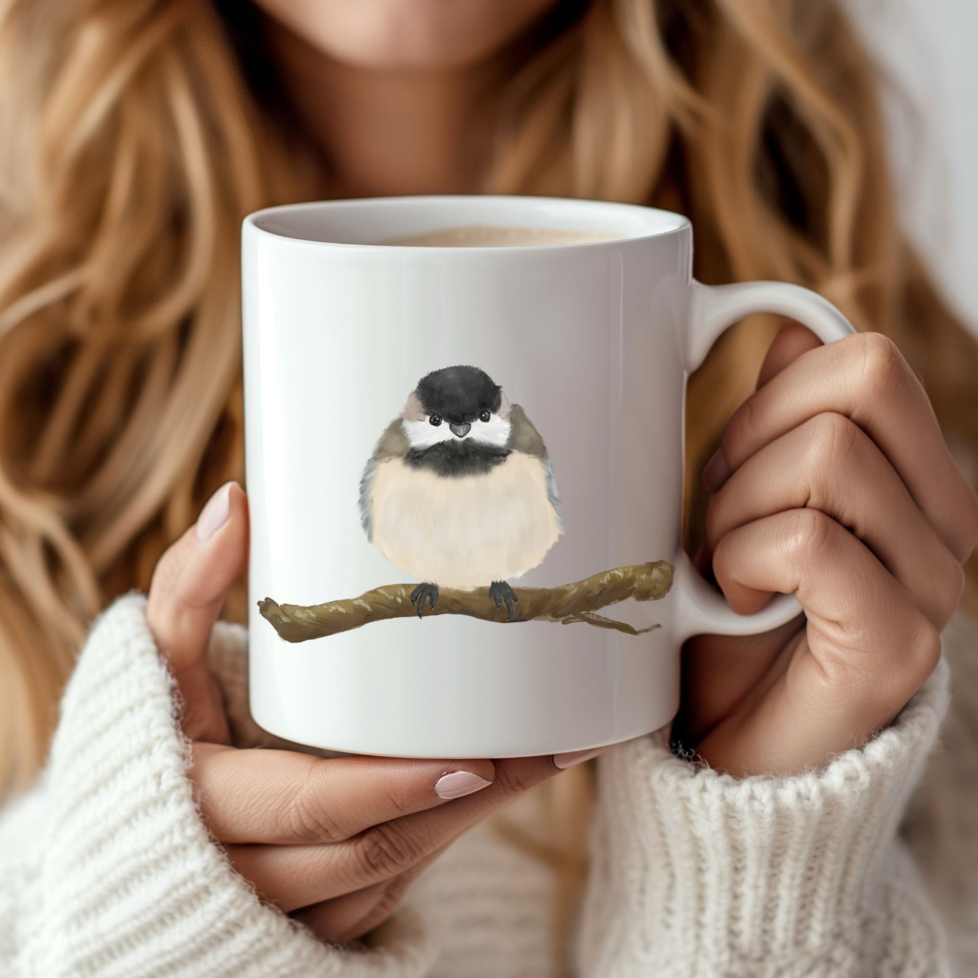 Black - Capped Chickadee Mug with Nature Illustration - MerikaArt