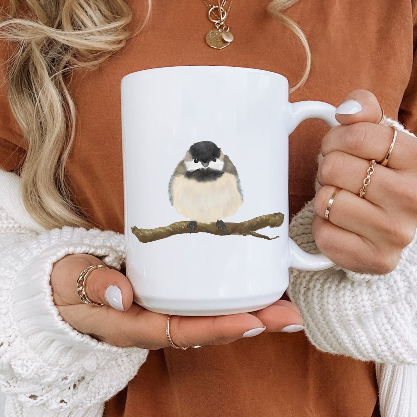 Black - Capped Chickadee Mug with Nature Illustration - MerikaArt