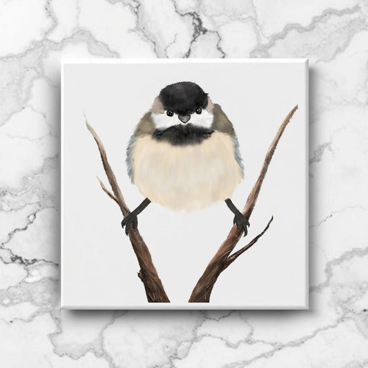 Black - Capped Chickadee on Branch Ceramic Tile - MerikaArt