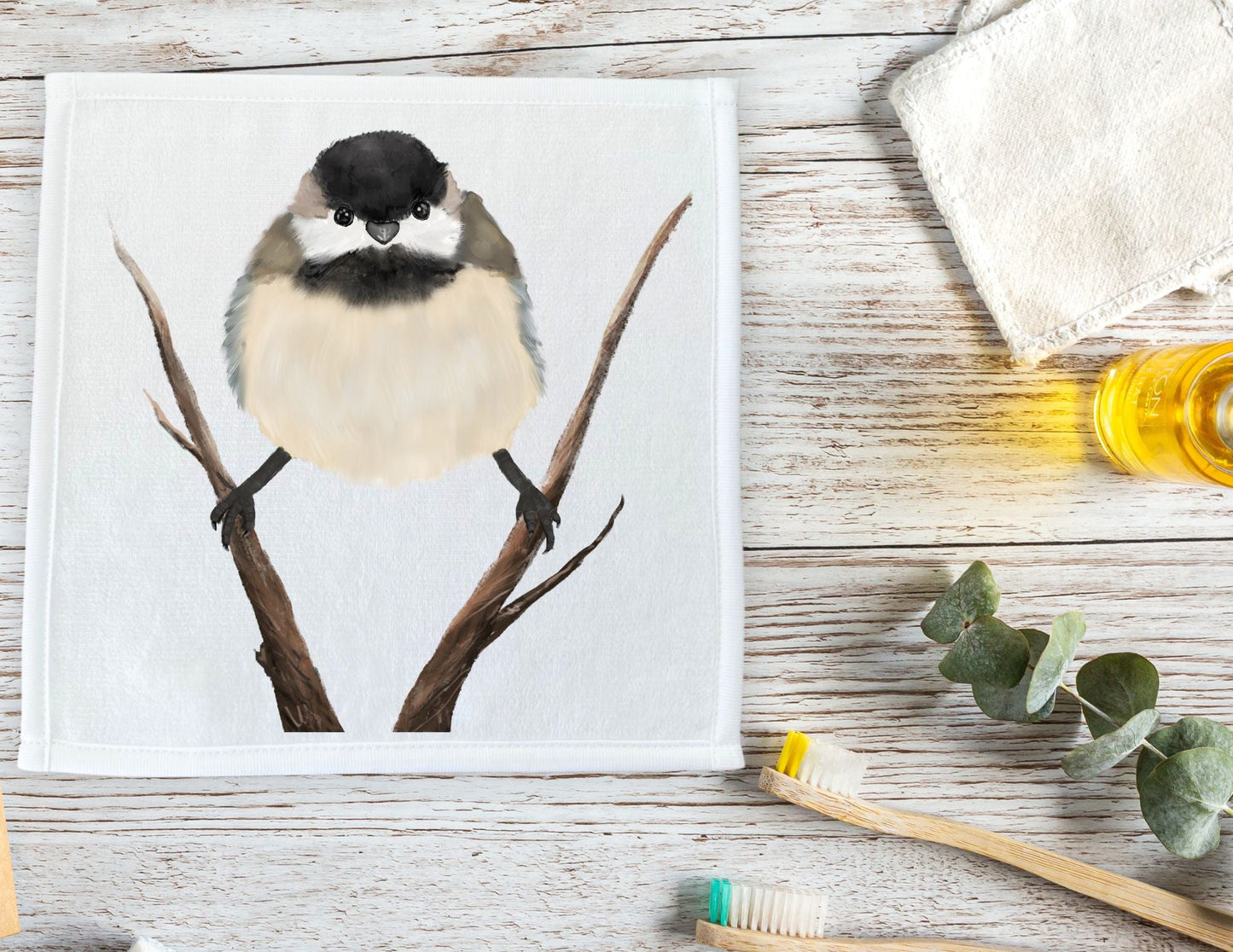 Black - Capped Chickadee on Branch Washcloth - MerikaArt