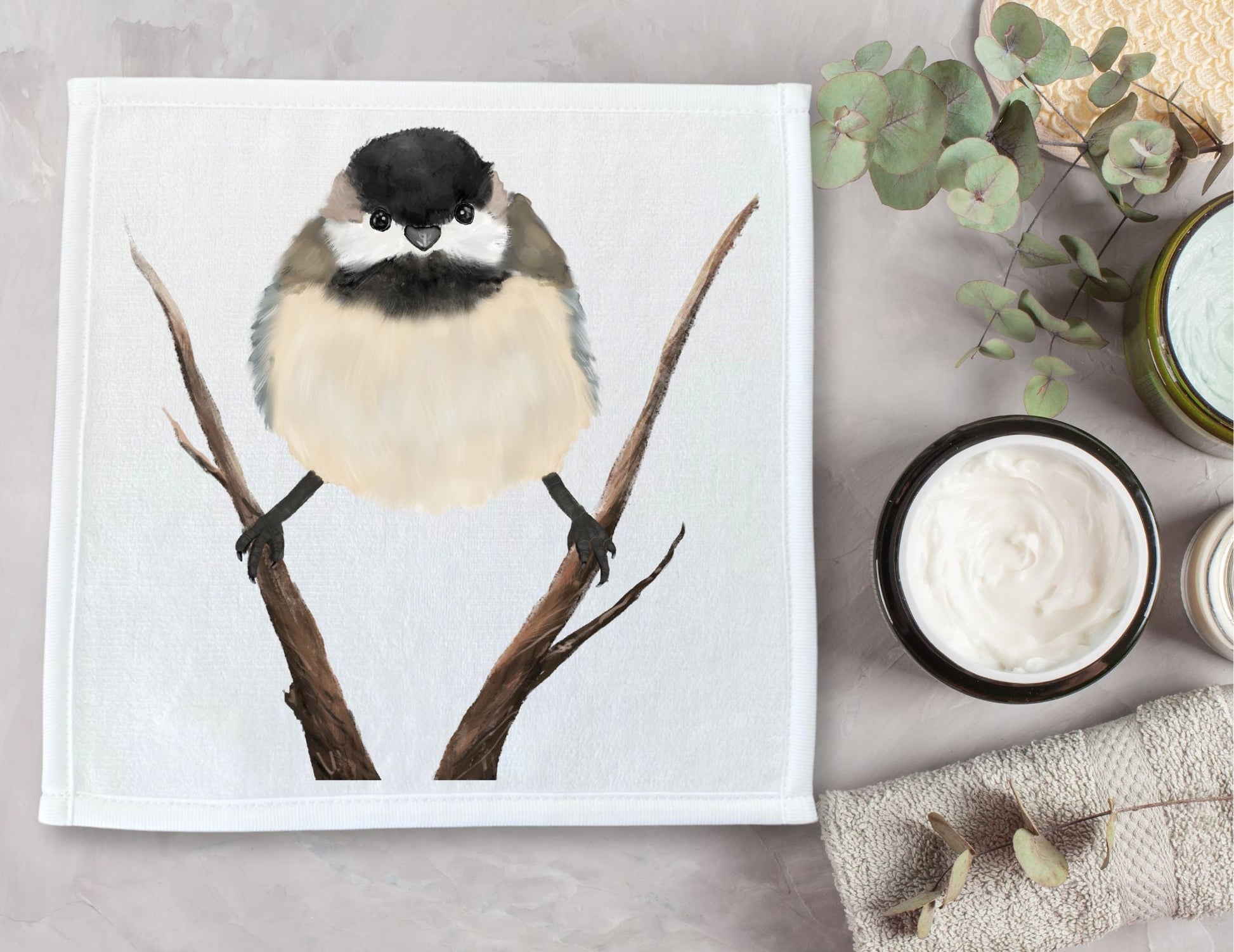 Black - Capped Chickadee on Branch Washcloth - MerikaArt