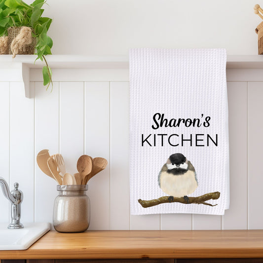 Black - Capped Chickadee Perched Bird Kitchen Towel - MerikaArt