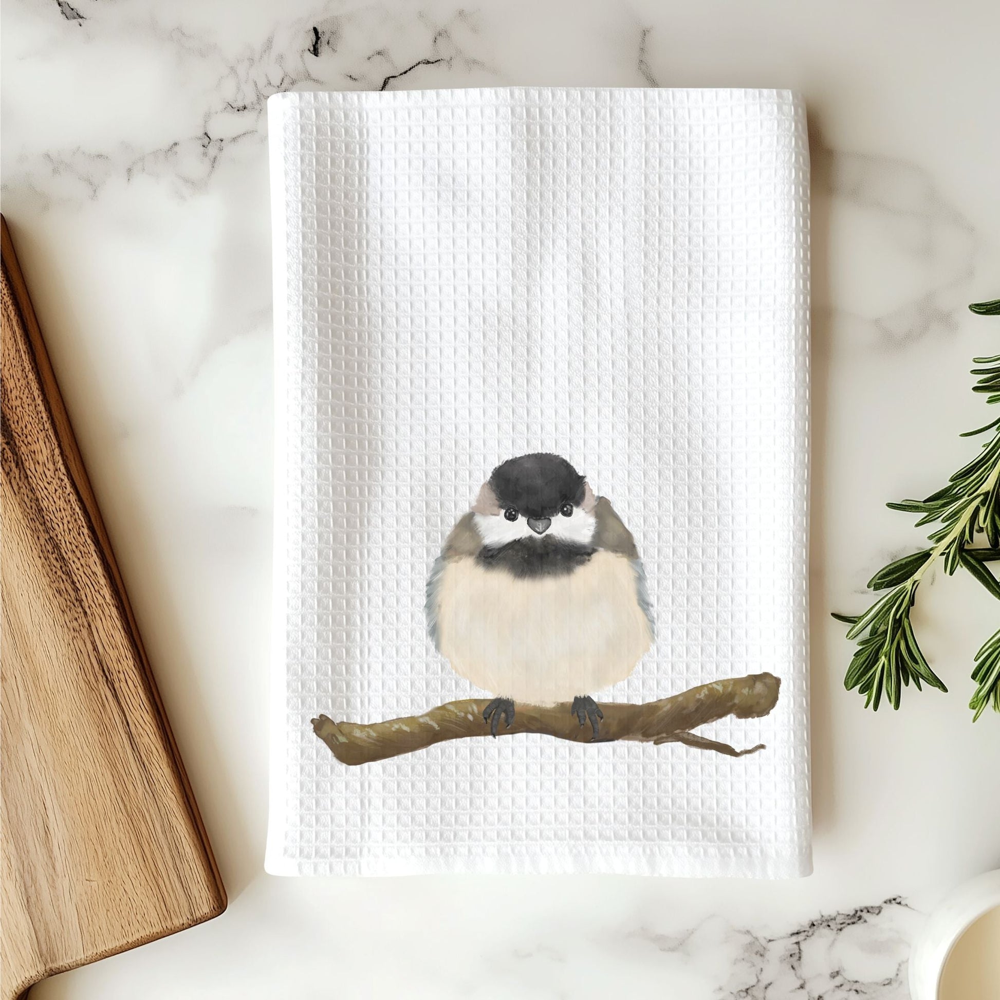 Black - Capped Chickadee Perched Kitchen Towel - MerikaArt