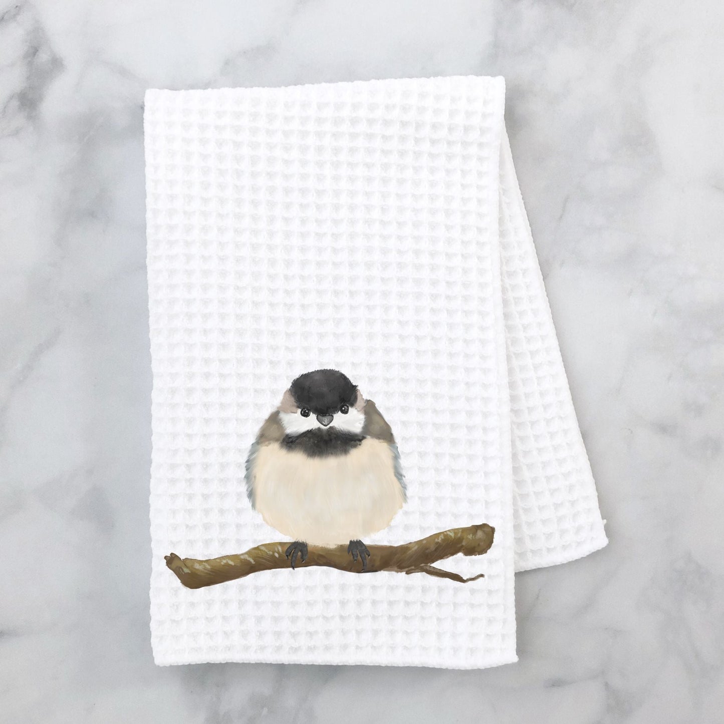 Black - Capped Chickadee Perched Kitchen Towel - MerikaArt