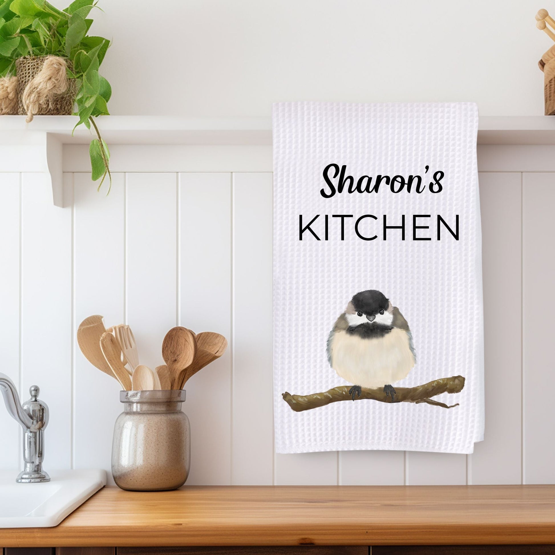 Black - Capped Chickadee Perched Kitchen Towel - MerikaArt