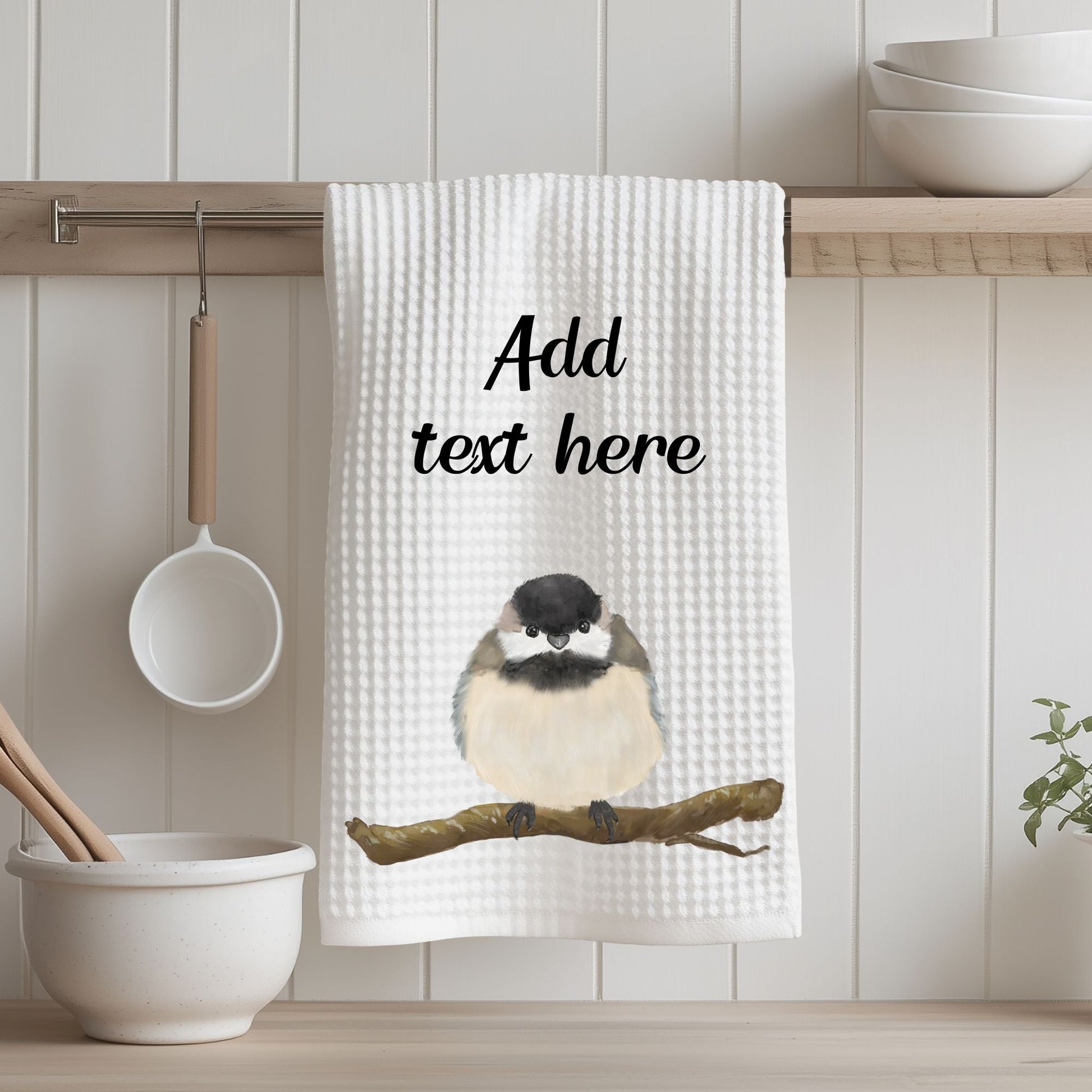 Black - Capped Chickadee Perched Kitchen Towel - MerikaArt