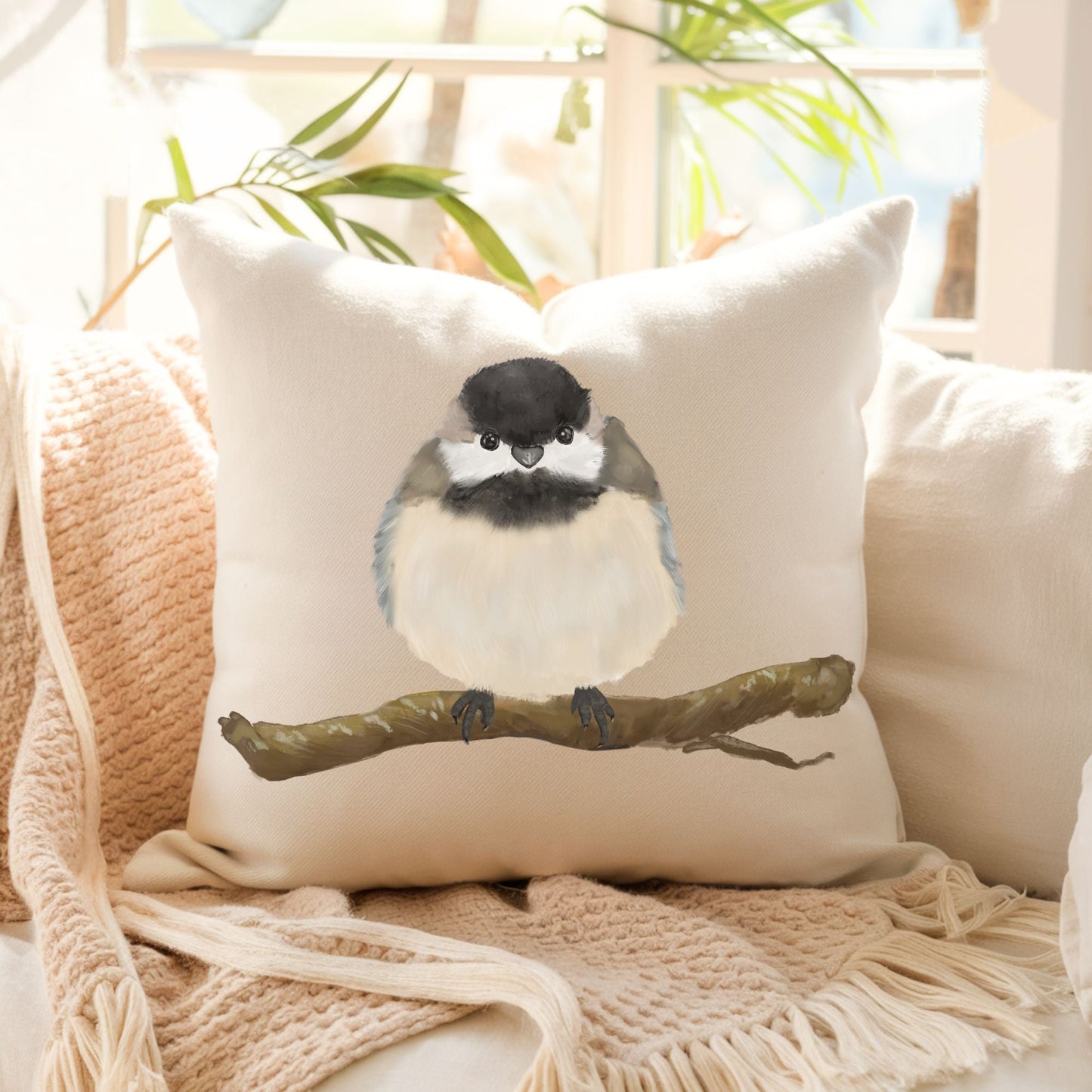 Black - Capped Chickadee Perched Pillow - MerikaArt