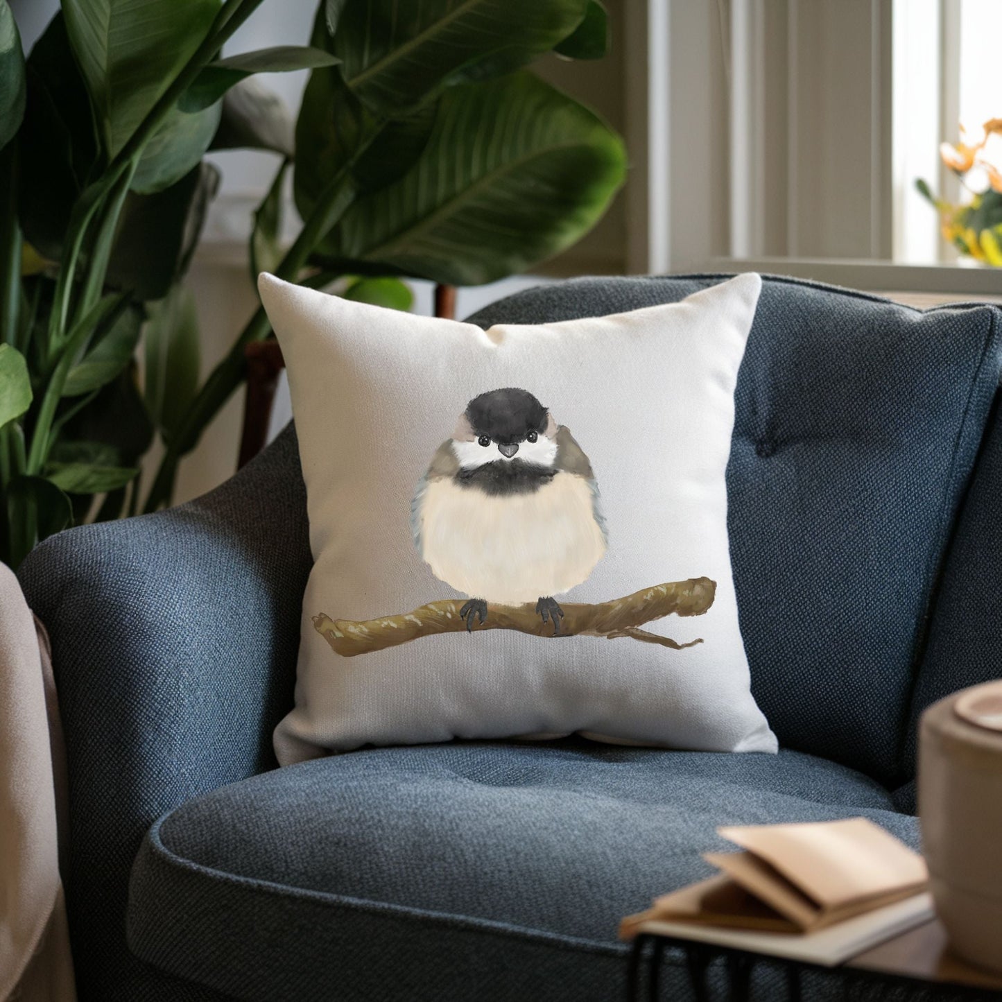 Black - Capped Chickadee Perched Pillow - MerikaArt