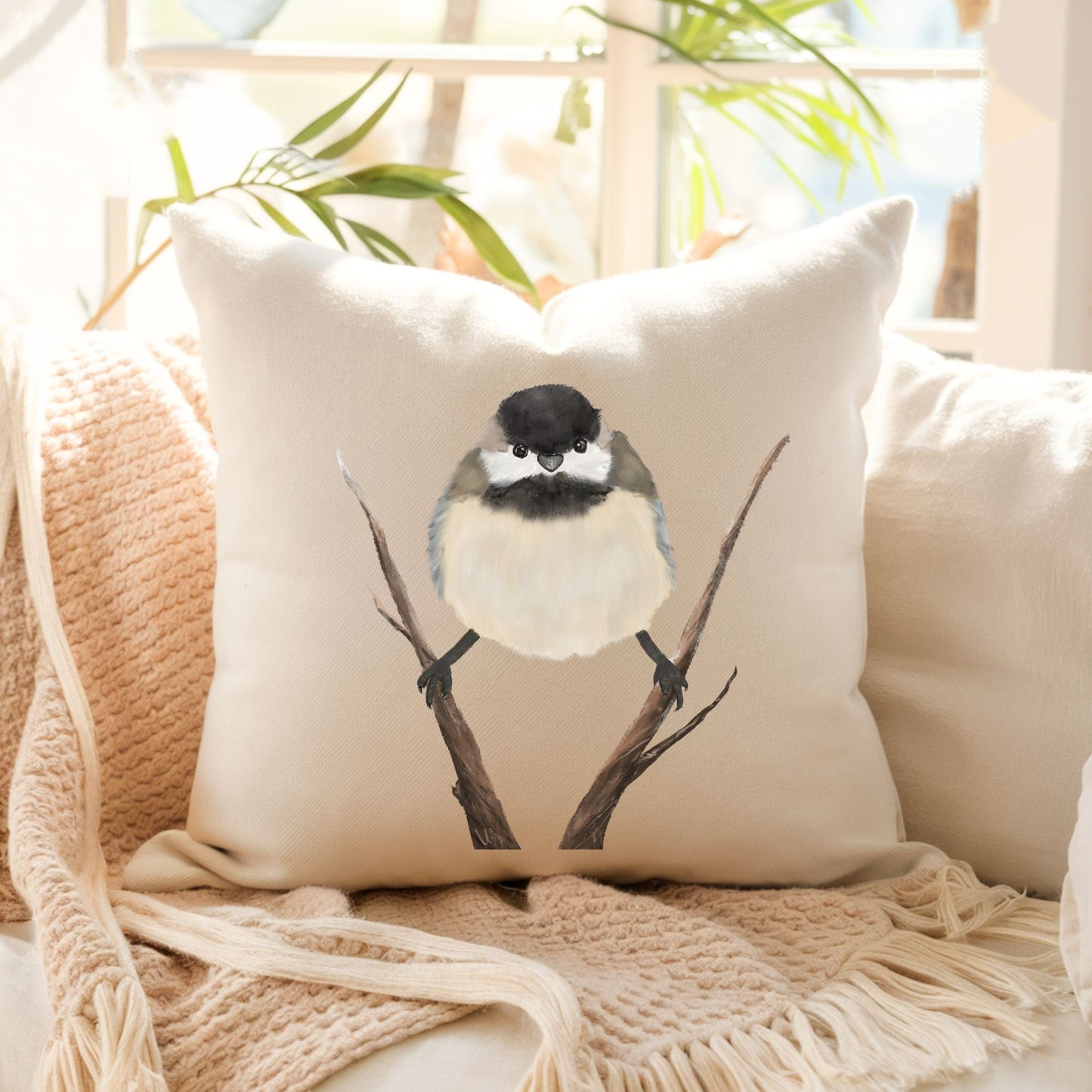 Black - Capped Chickadee Pillow - MerikaArt