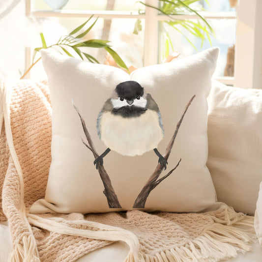 Black - Capped Chickadee Pillow - MerikaArt