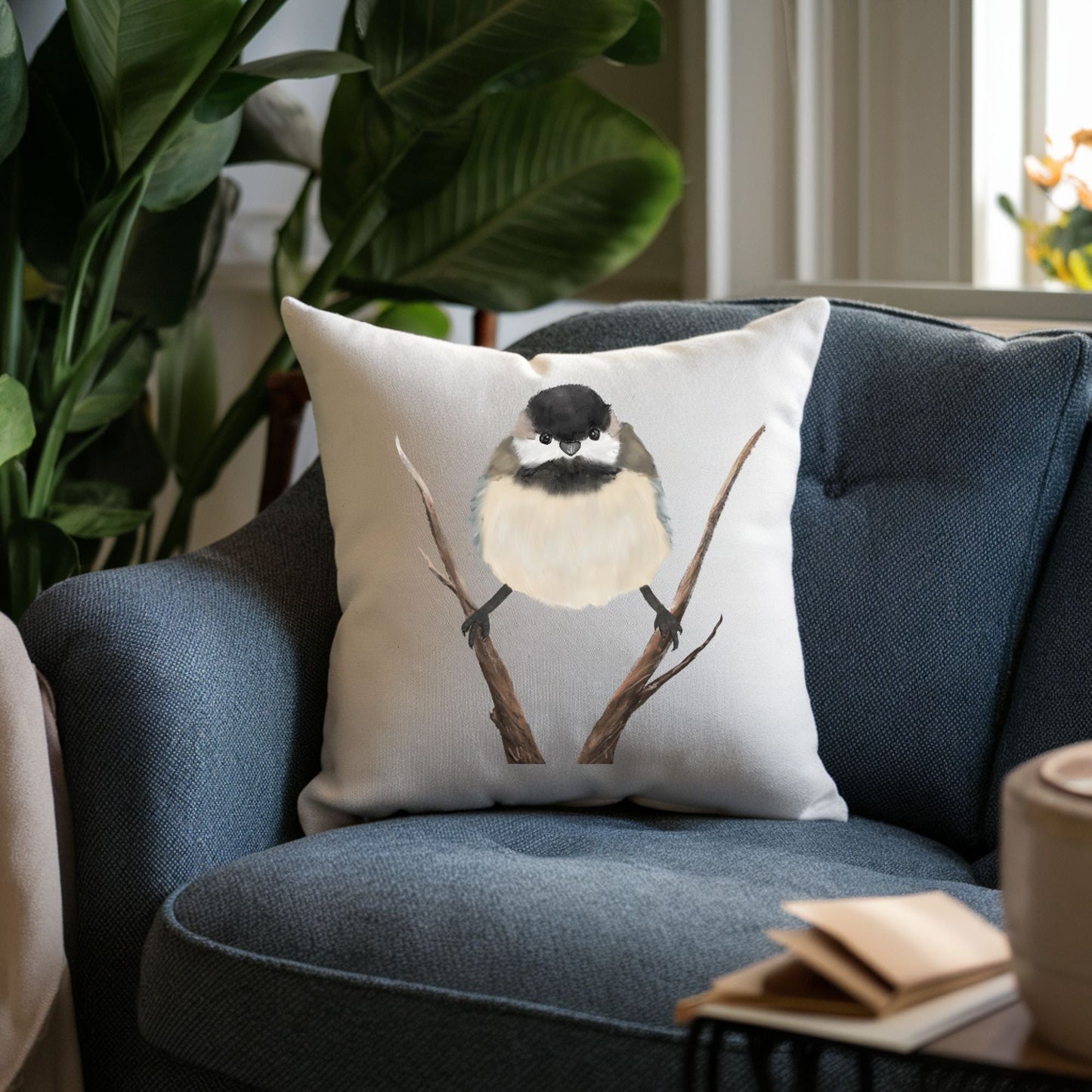 Black - Capped Chickadee Pillow - MerikaArt