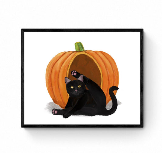 Black Cat and Pumpkin Print, Halloween Cat Painting, Black Cat Portrait, Holiday Wall Art, Black Cat Licking Himself Art - MerikaArt