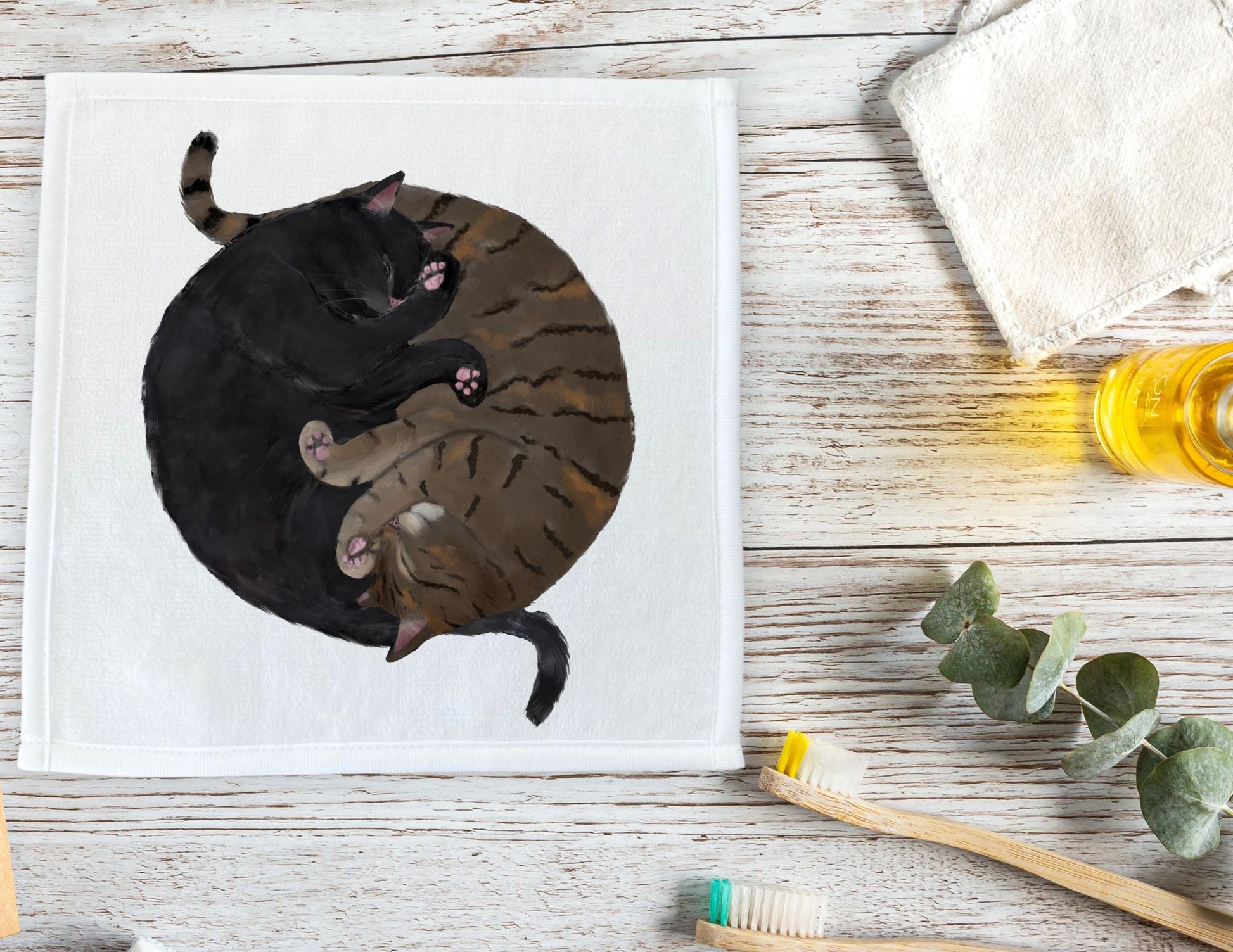 Black Cat and Tabby Cat Sleeping Washcloth - MerikaArt