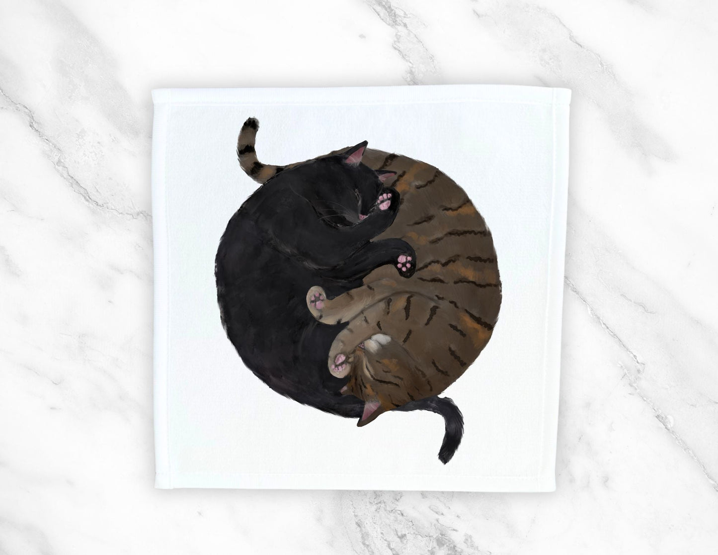 Black Cat and Tabby Cat Sleeping Washcloth - MerikaArt