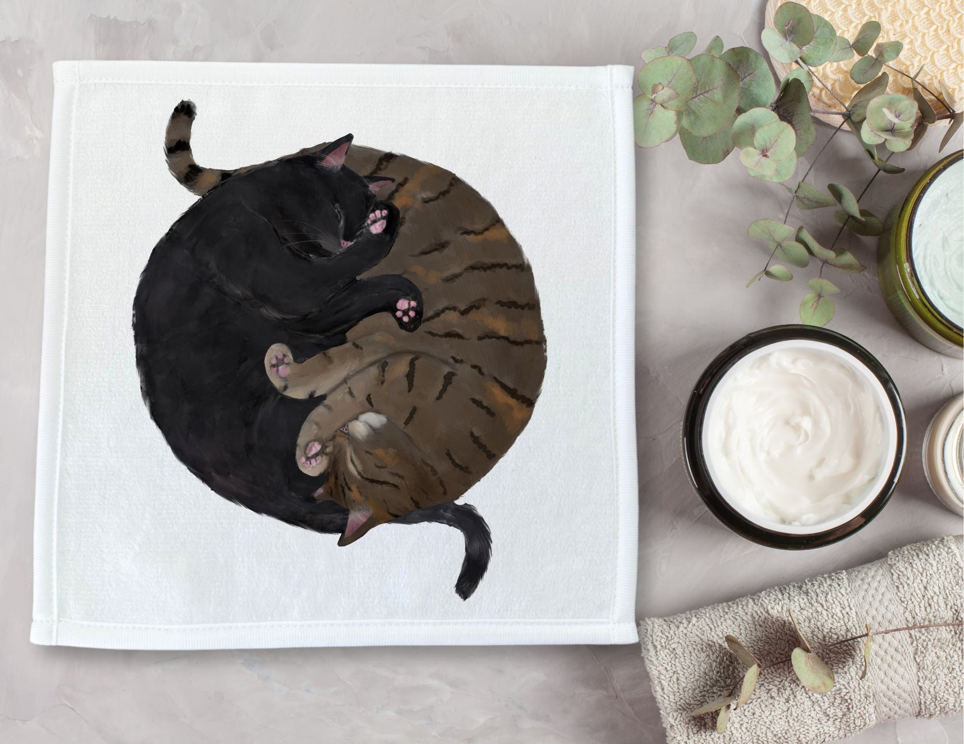 Black Cat and Tabby Cat Sleeping Washcloth - MerikaArt