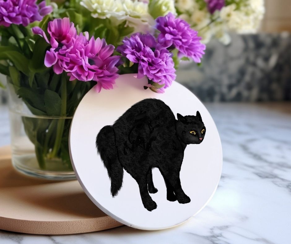 Black Cat Arched Back Ceramic Coaster - MerikaArt