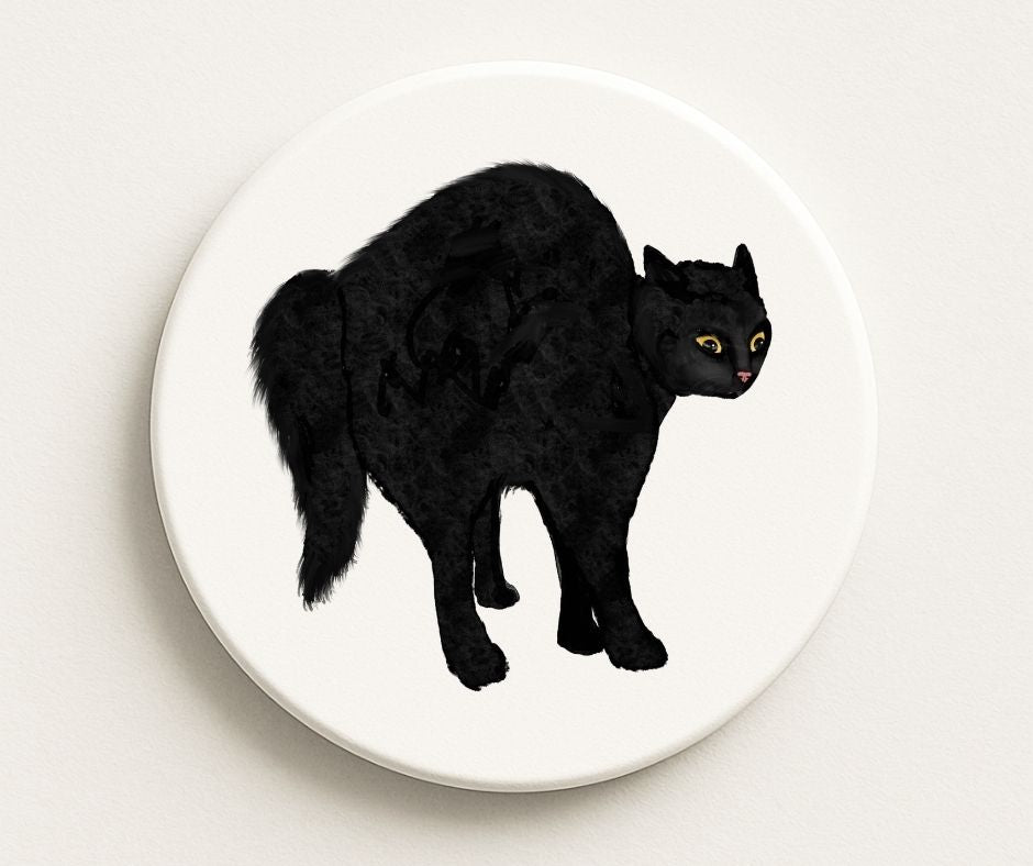 Black Cat Arched Back Ceramic Coaster - MerikaArt