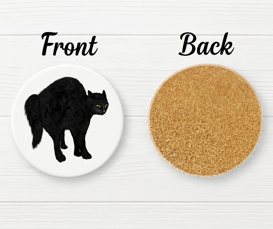 Black Cat Arched Back Ceramic Coaster - MerikaArt
