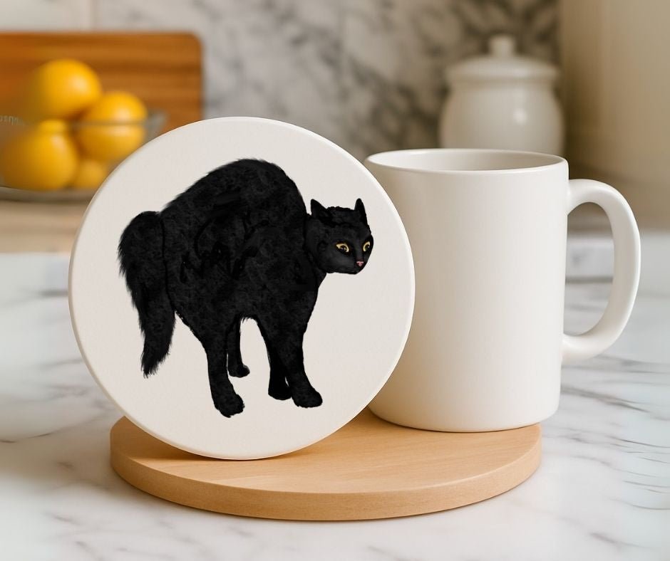 Black Cat Arched Back Ceramic Coaster - MerikaArt
