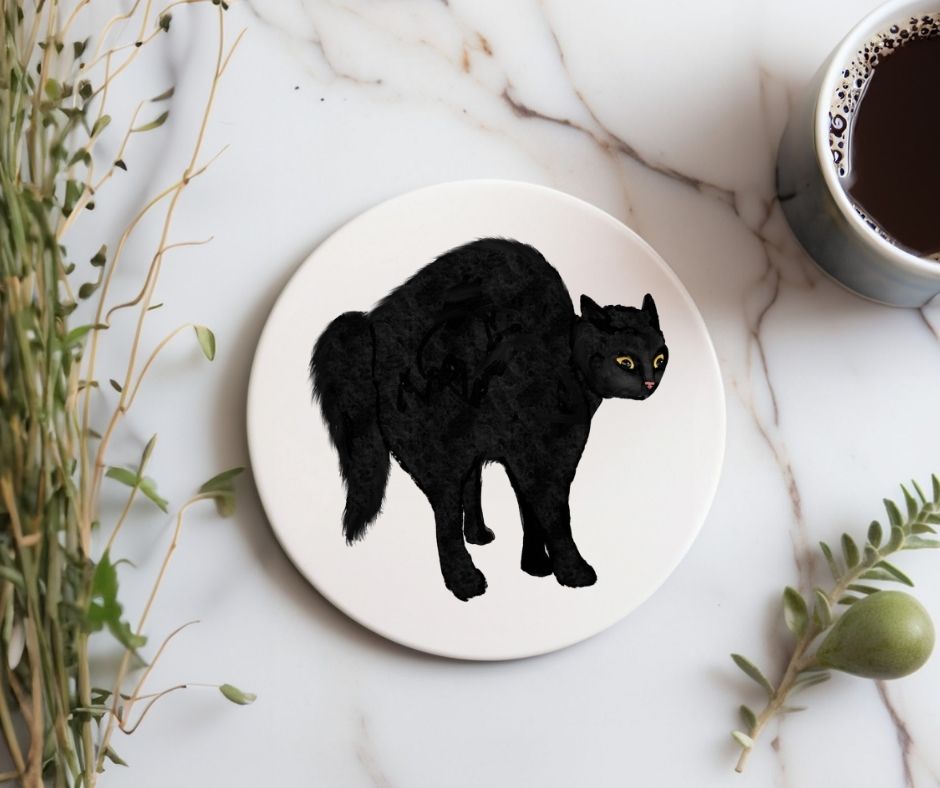 Black Cat Arched Back Ceramic Coaster - MerikaArt