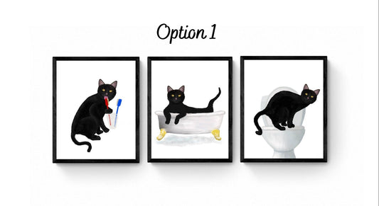 Black Cat Bathroom Wall Art Set of 3, Bathroom Wall Decor Set, Cute Black Cat In Bath Art, Cat On Toilet Print, Cat Lover Gift, Cat Spa Day - MerikaArt