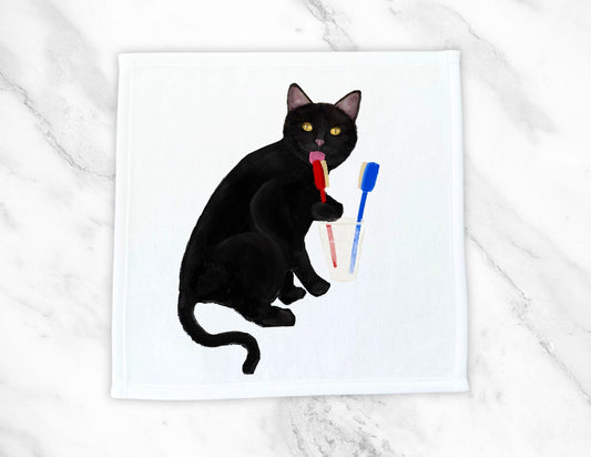 Black Cat Brushing Teeth Washcloth - MerikaArt