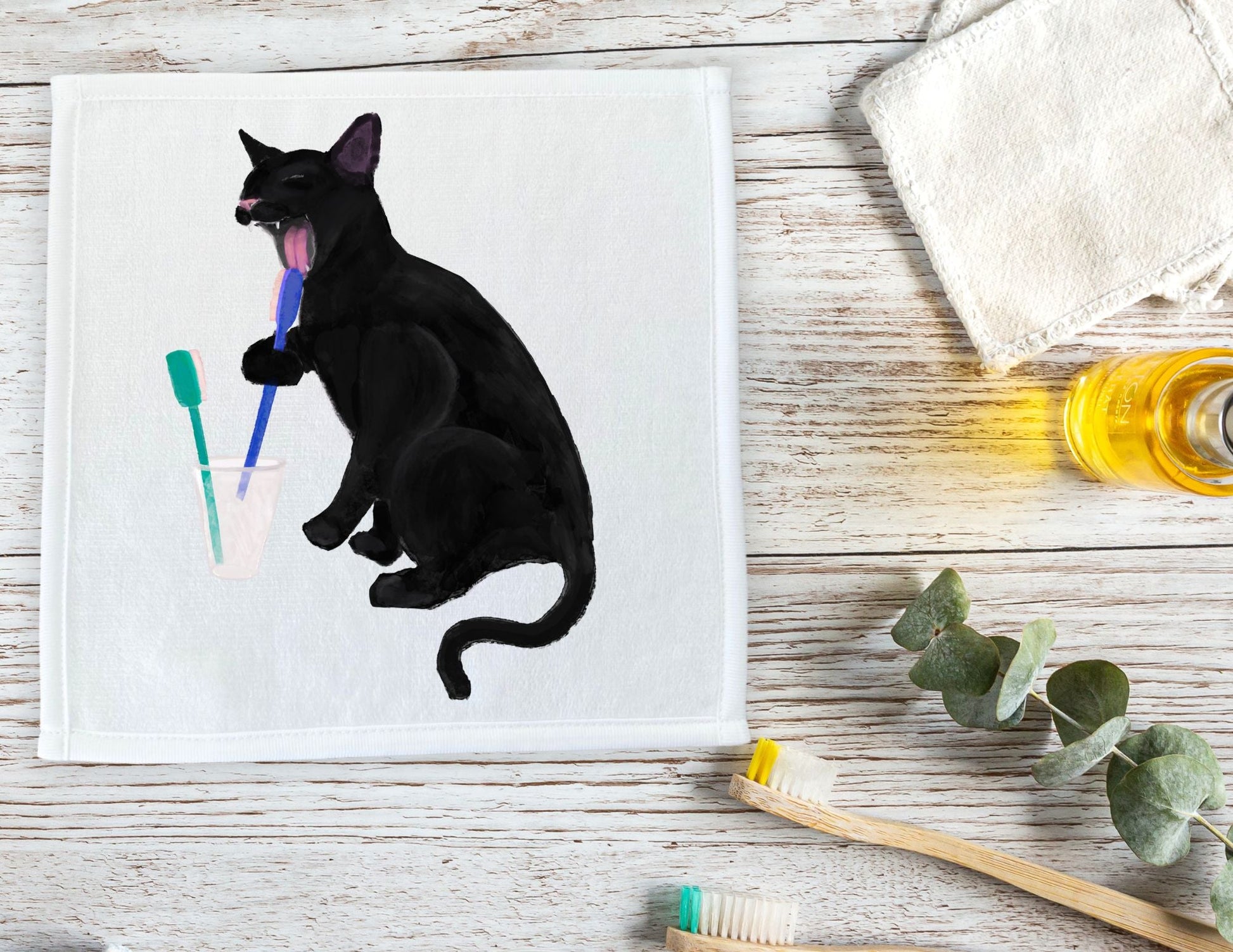 Black Cat Brushing Teeth Washcloth - MerikaArt