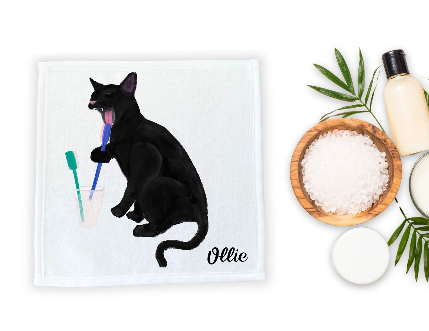 Black Cat Brushing Teeth Washcloth - MerikaArt