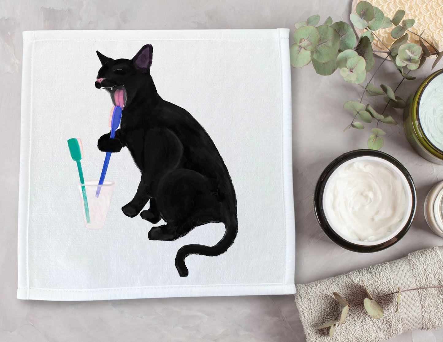 Black Cat Brushing Teeth Washcloth - MerikaArt