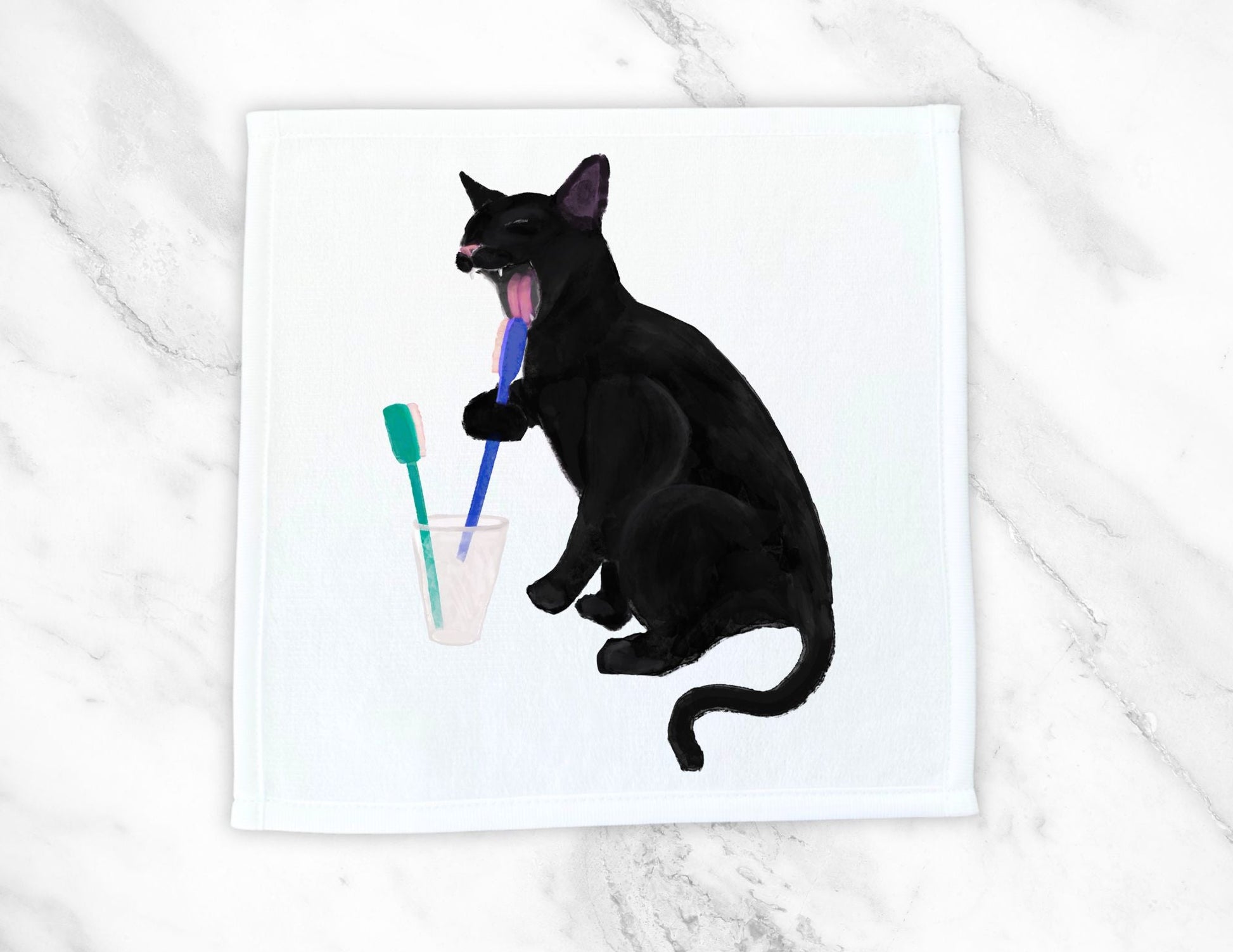 Black Cat Brushing Teeth Washcloth - MerikaArt